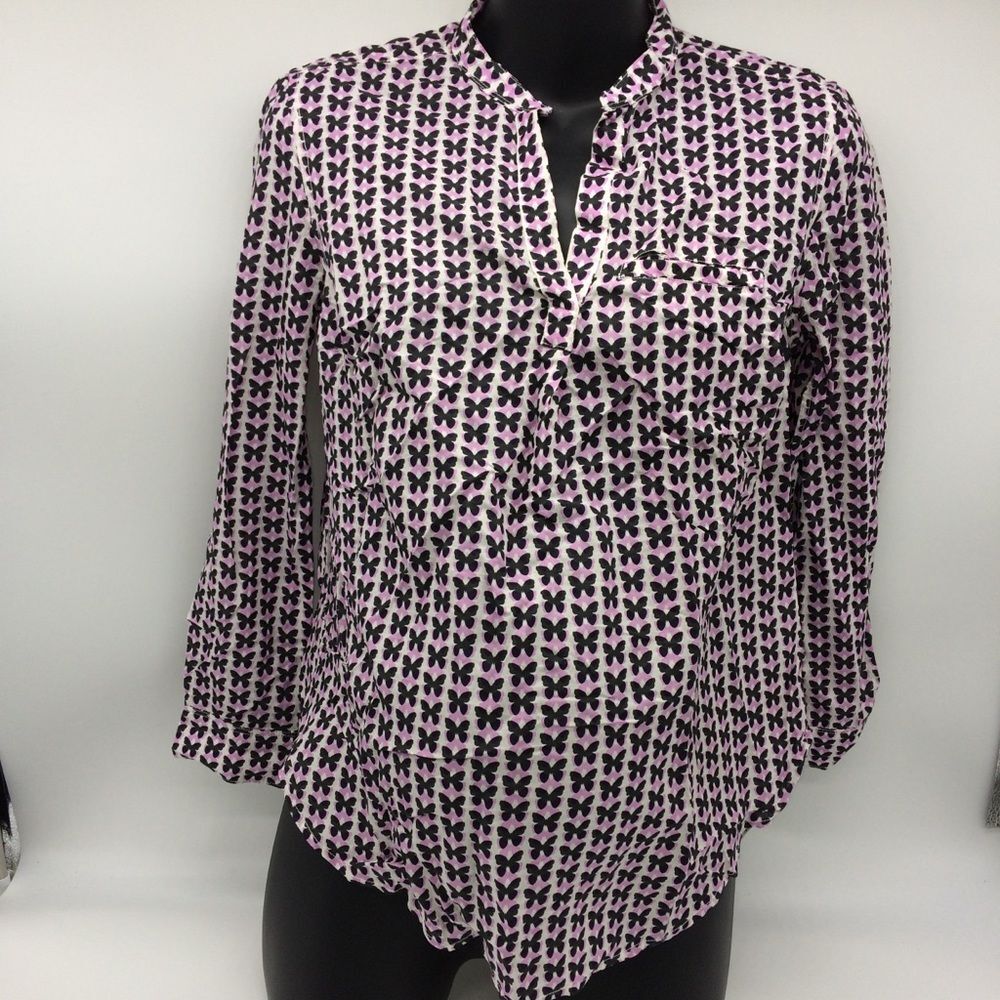 Gap Maternity White Long Sleeve Tunic w/Black and Lavender Butterflies Size S
